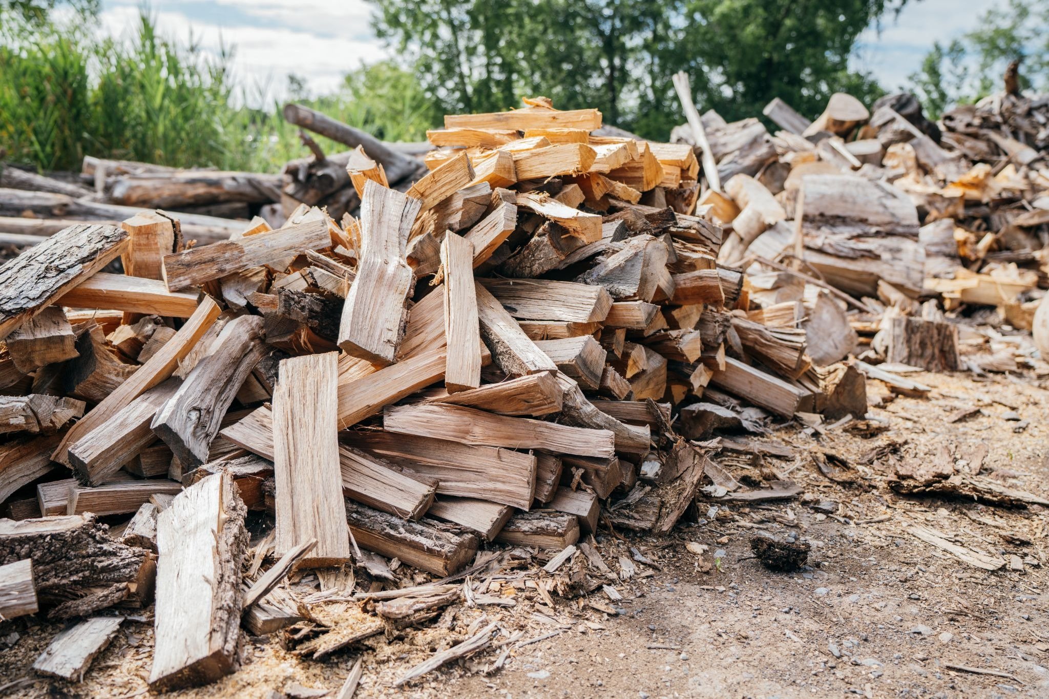 A large pile of chopped firewood. The wood is stacked haphazardly.