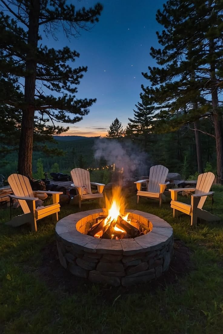 A warm campfire burns brightly at dusk surrounded by Adirondack chairs.