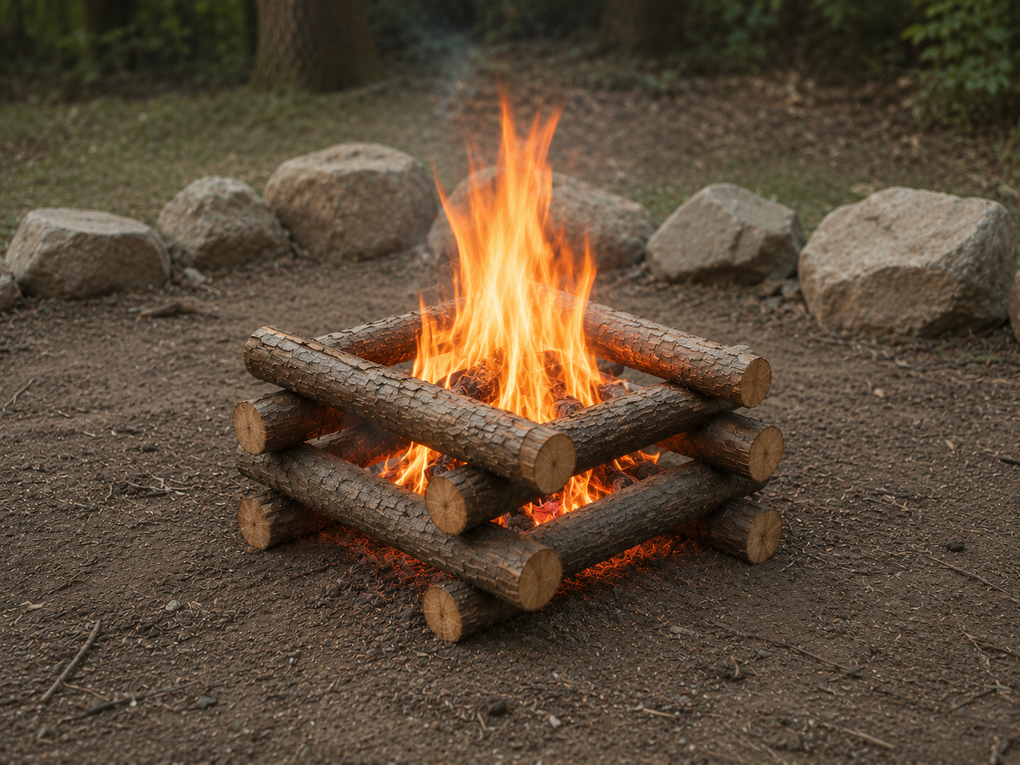 A square campfire pit made of logs with a fire burning. The pit is surrounded by large rocks.