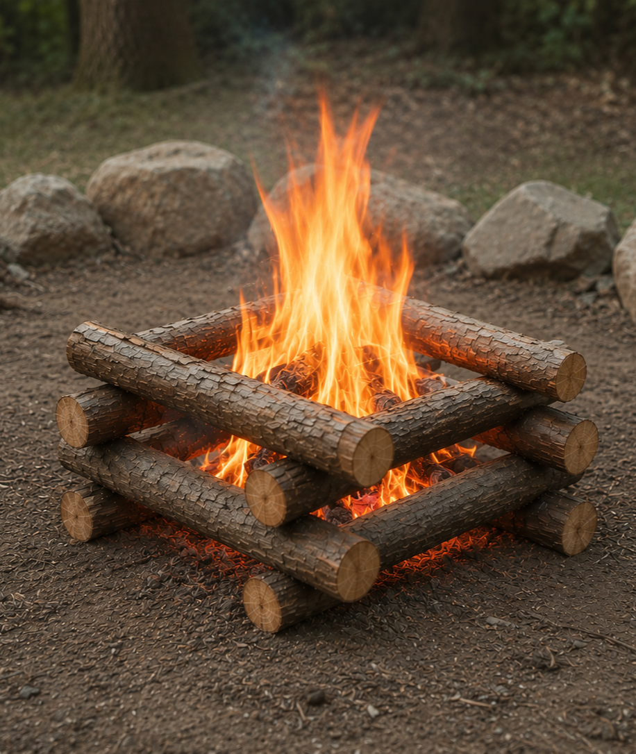 A campfire burning in a square pit made of logs.