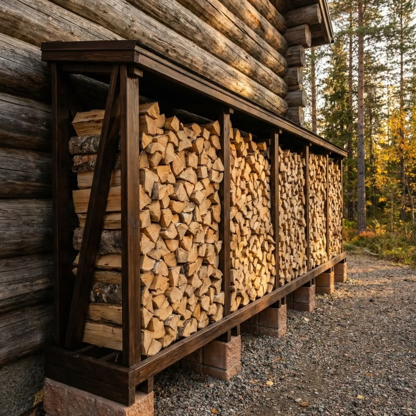 A metal rack filled with chopped wood beside a log cabin. The woodpile is organized and ready for use.