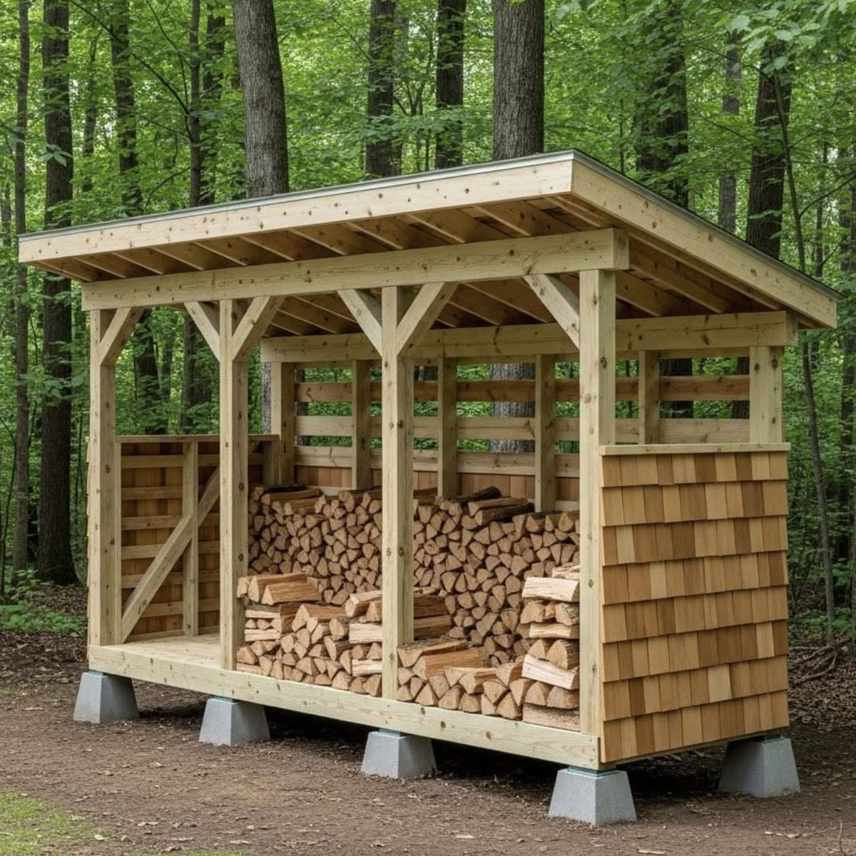 A wooden shed filled with firewood in a forest. The shed has a sloping roof and is on concrete blocks.